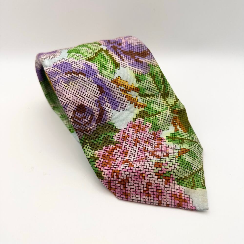 Gianni Versace Vintage Multicolored Floral Pixel Baroque Silk Neck Tie READ